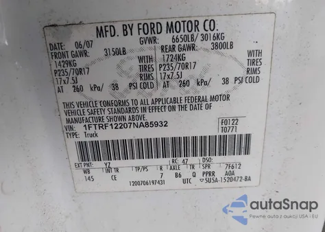 2007 Ford F-150 Stx/Xl/Xlt z USA, uszkodzony, nr VIN 1FTRF12207NA85932